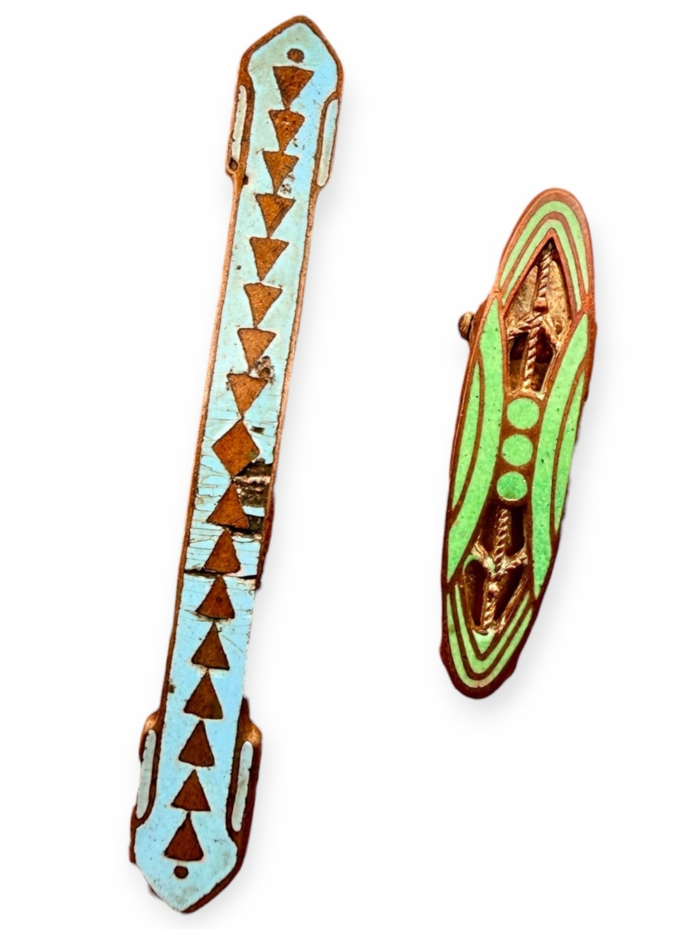 Vintage Art Deco Enamel Bar Brooch & Clip Blue Green Jewelry Lot
